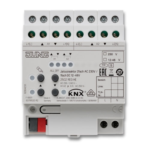 Jung 2502REGHE KNX Blinds Actuator 2-Gang AC 110-230 V, 1-Gang DC 12-48 V Rail Mounting Device